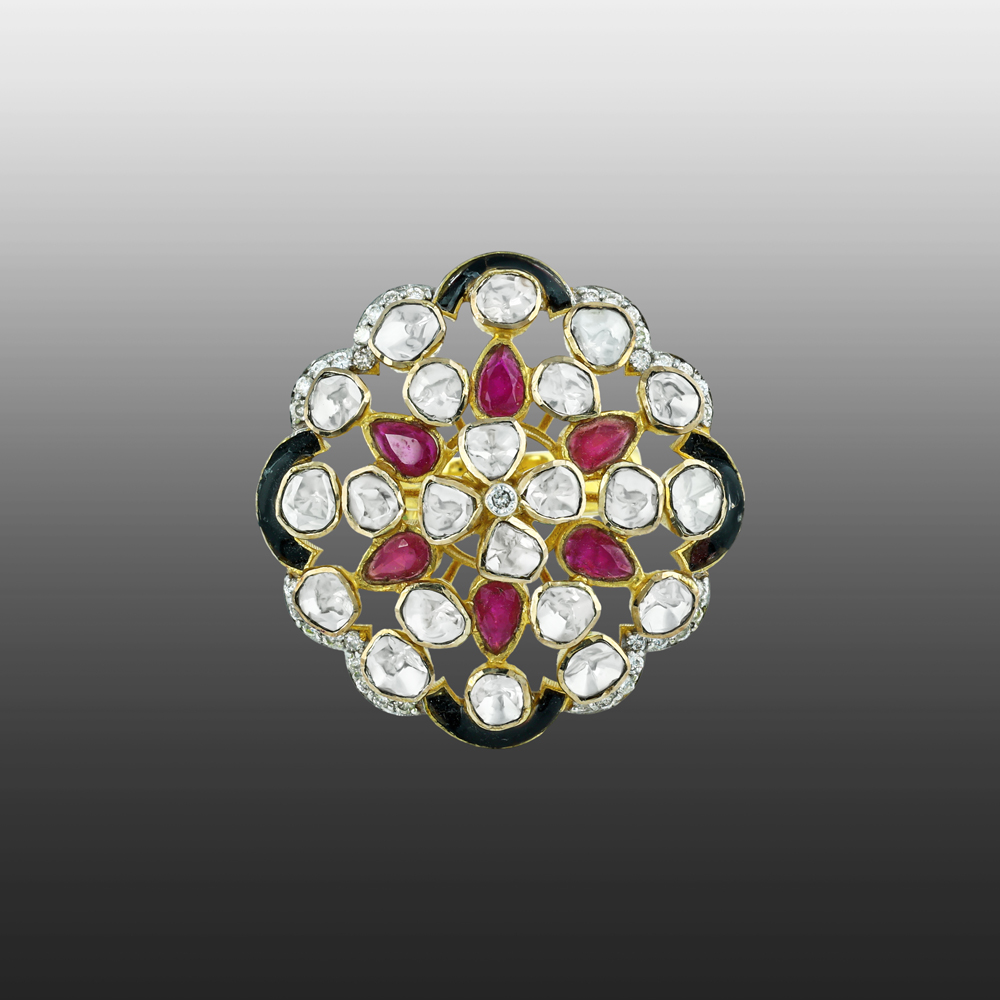 Floral Polki Ring with Red Talaf, Black colour stone, and Diamonds